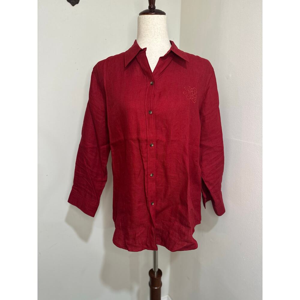 Lauren Ralph Lauren Womens Linen Button Up Red Blouse Embroidered Logo Large
